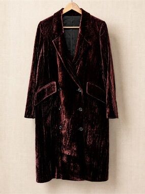 The Kooples Burgundy Crushed Velvet Silk Blend Coat 36 Double Breasted Longline